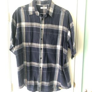100% Linen Large XL Men’s Blue White Plaid Roomy Short Sleeved Shirt Turnbury
